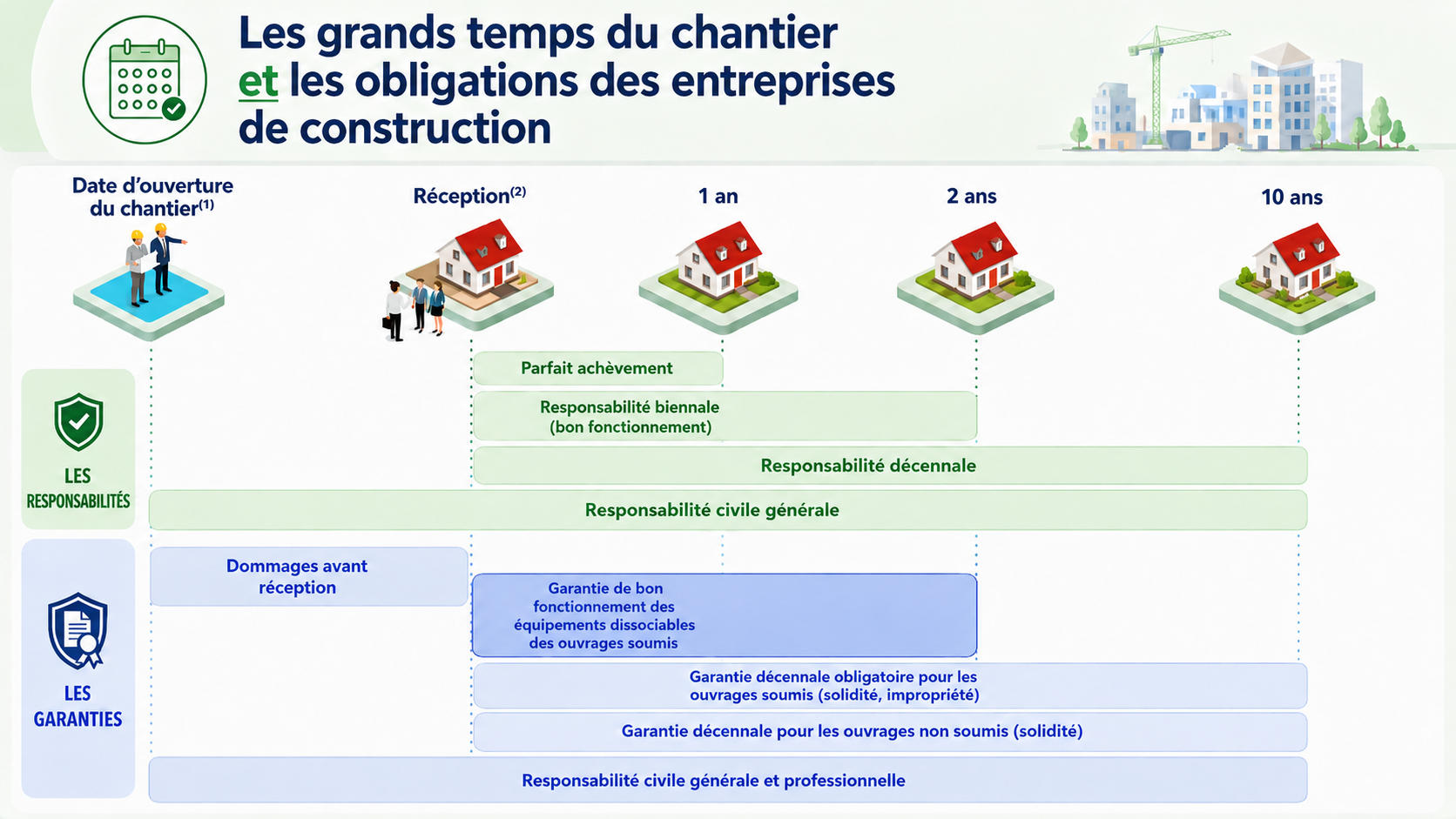 Schéma des responsabilités et garanties pour un plombier, de l’ouverture du chantier à la garantie décennale de 10 ans